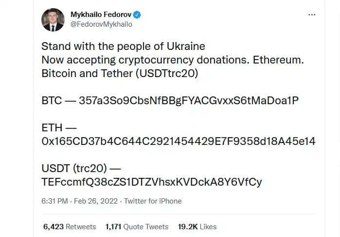 Tweet of Ukraine's Vice-Prime Minister Mykhailo Fedorov on cryptocurrency funding issue (Photo: PC Screenshot)